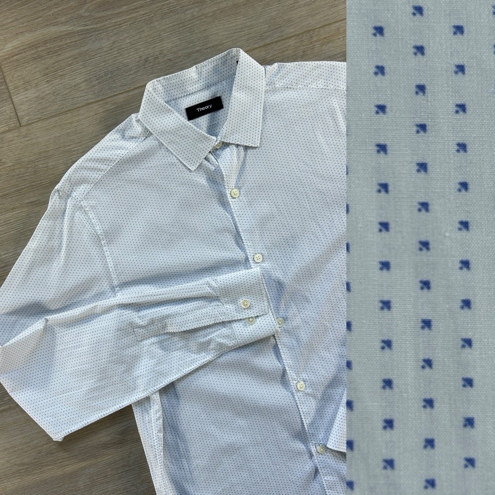 Theory Mens Small White Geometric Blue Arrow Cotton Long Sleeve Button Up
